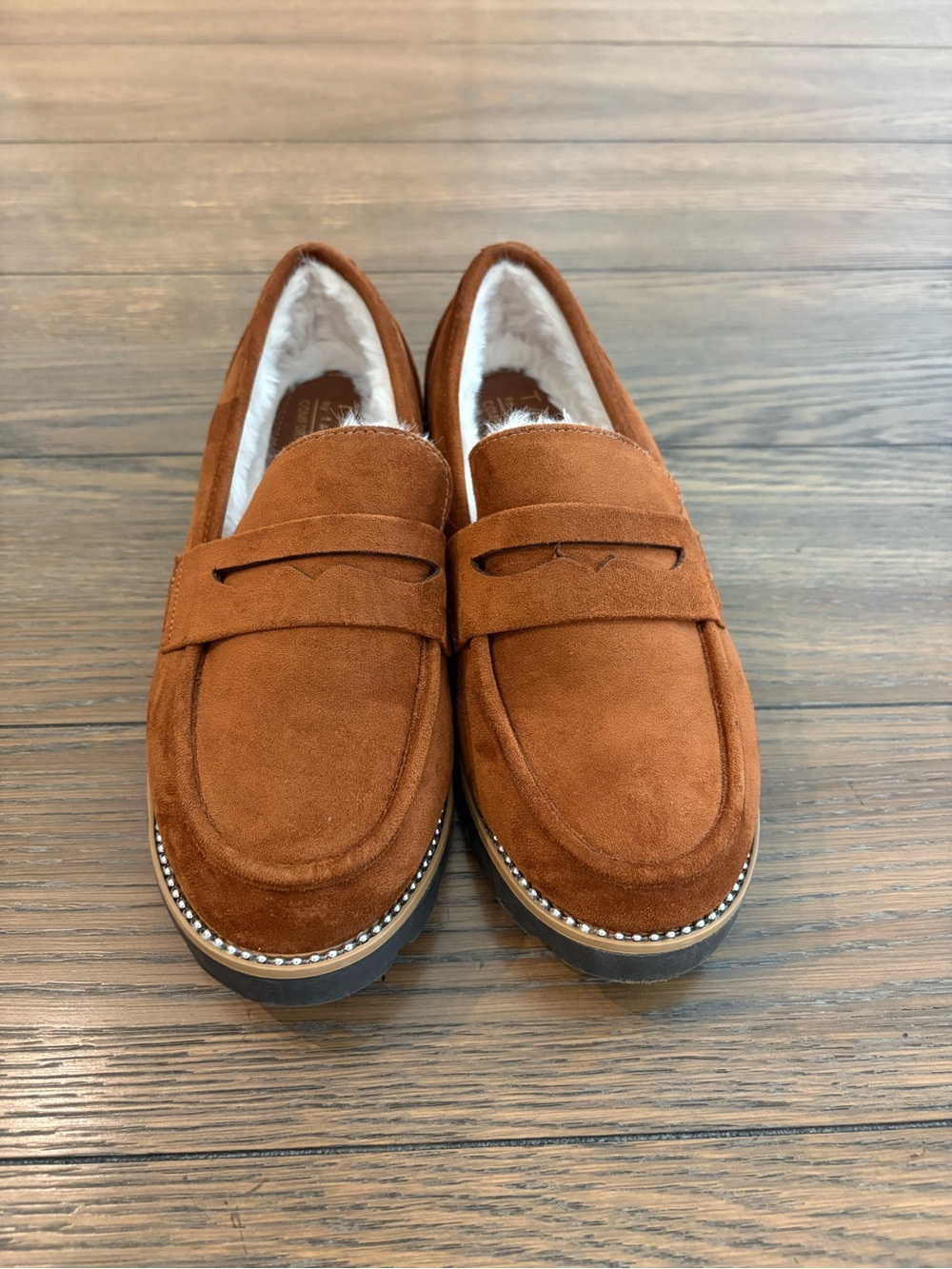 Taryn Rose Women's Chestnut Suede Fur-Lined Penny Loafers Size 7 1/2